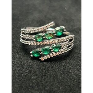 Bomb Party Green Oval Stone Silver Tone Pavé Bypass Wrap Statement Ring